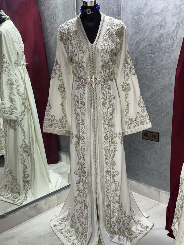 Royal White Wedding Dress Fully Handmade, Moroccan Takchita Dress, Elegant Embroidered White Caftan, Luxury Wedding Dress for Women, Henna