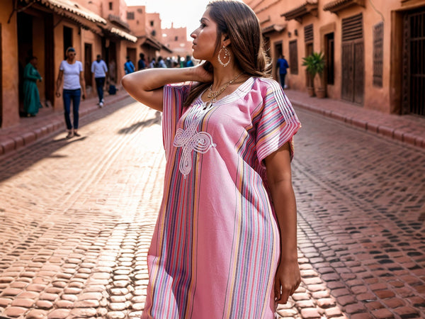 Pink Moroccan Kaftan Dress with White Embroidery