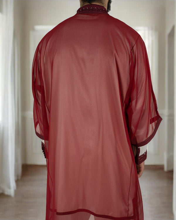 Elegant Traditional Red Jabador Set for Weddings & Special Events - 3-Piece Satin Moroccan Outfit with Embroidered Details all sizes