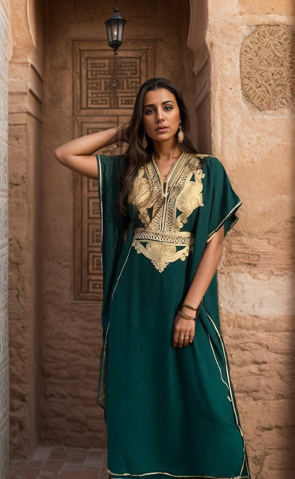 Green and Gold Moroccan Kaftan Dress - Elegant Resort or Relaxed Evening Wear