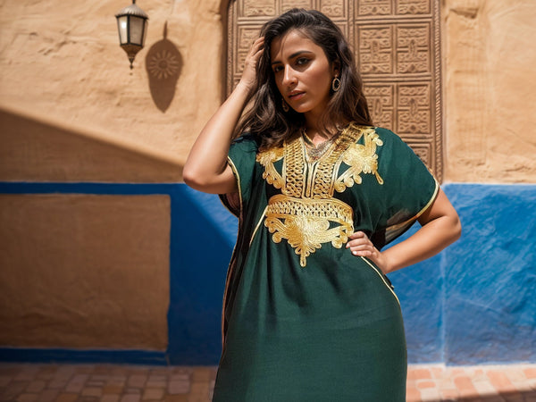 Green and Gold Moroccan Kaftan Dress - Elegant Resort or Relaxed Evening Wear