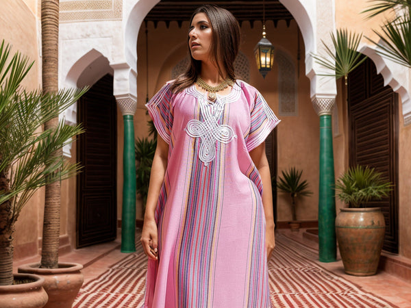 Pink Moroccan Kaftan Dress with White Embroidery