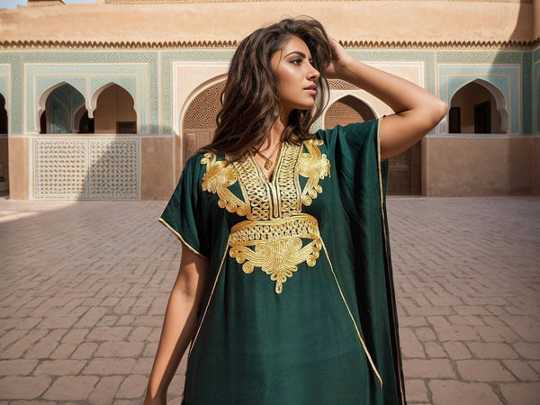 Green and Gold Moroccan Kaftan Dress - Elegant Resort or Relaxed Evening Wear