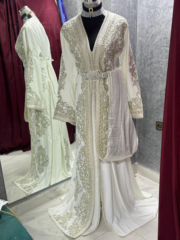Royal White Wedding Dress Fully Handmade, Moroccan Takchita Dress, Elegant Embroidered White Caftan, Luxury Wedding Dress for Women, Henna