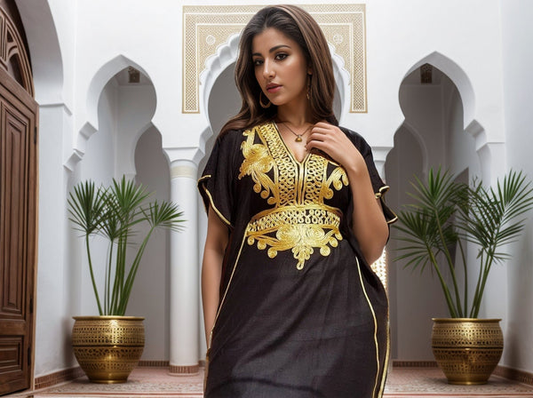 Black Moroccan Kaftan Dress with Gold Embroidery