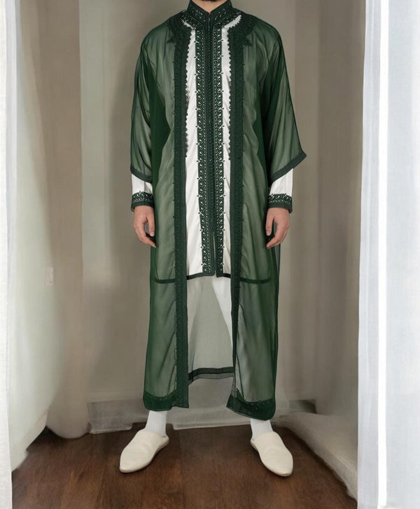 Elegant Traditional Green Jabador Set for Weddings & Special Events - 3-Piece Satin Moroccan Outfit with Embroidered Details all sizes