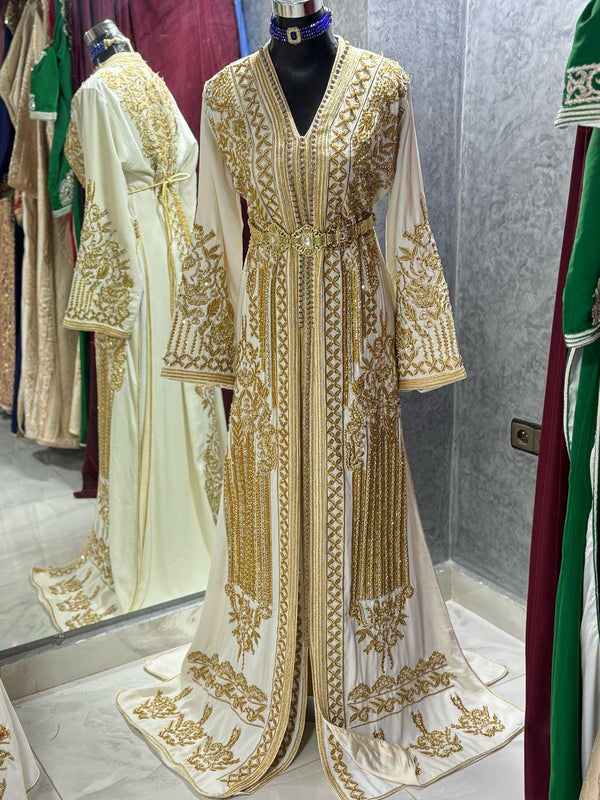 Royal White Wedding Dress Fully Handmade, Moroccan Takchita Dress, Elegant Embroidered White Caftan, Luxury Wedding Dress for Women, Henna