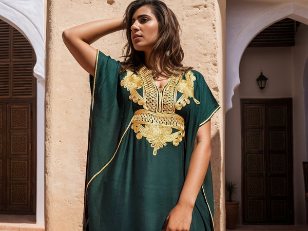 Green and Gold Moroccan Kaftan Dress - Elegant Resort or Relaxed Evening Wear