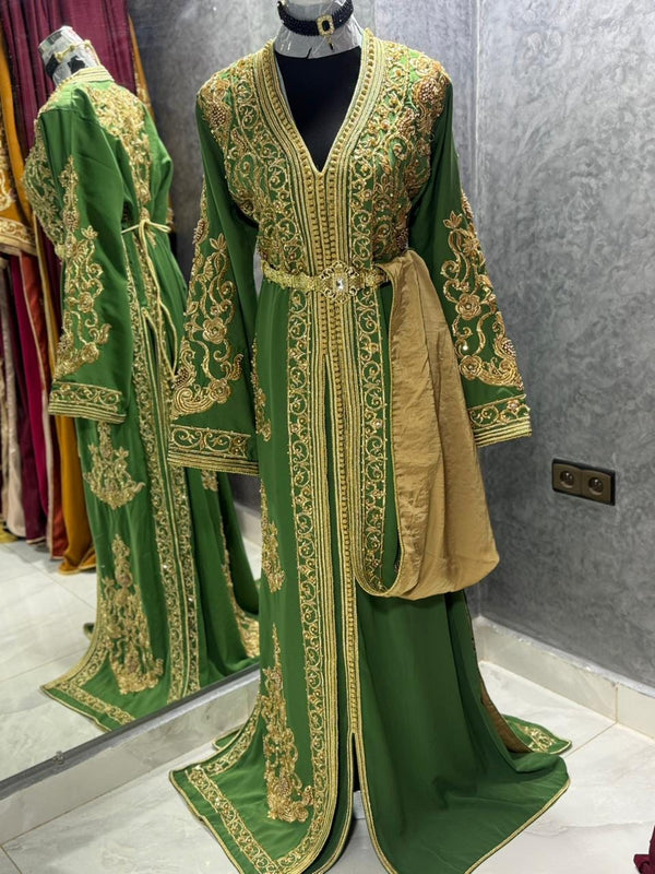 Green Moroccan Caftan Dress, Caftan for Women, Islamic Wedding, Moroccan Takchita Handmade Standard Size, Wedding Dress, Henna Nikah Dress