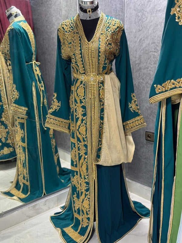 Green Moroccan Caftan Dress, Caftan for Women, Islamic Wedding, Moroccan Takchita Handmade Standard Size, Wedding Dress, Henna Nikah Dress