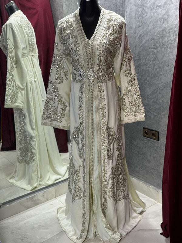 Royal White Wedding Dress Fully Handmade, Moroccan Takchita Dress, Elegant Embroidered White Caftan, Luxury Wedding Dress for Women, Henna
