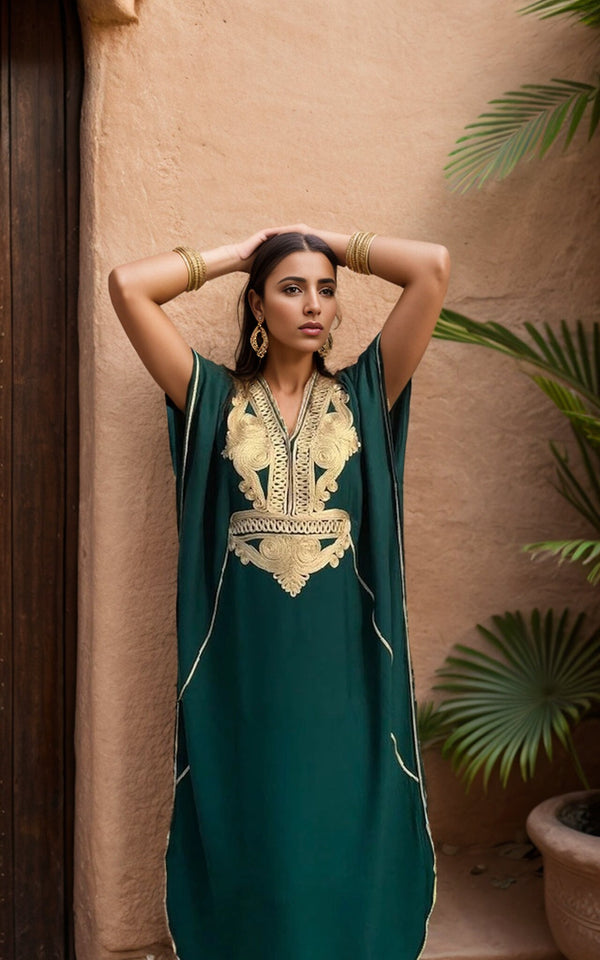 Green and Gold Moroccan Kaftan Dress - Elegant Resort or Relaxed Evening Wear