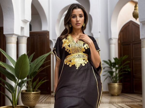Black Moroccan Kaftan Dress with Gold Embroidery
