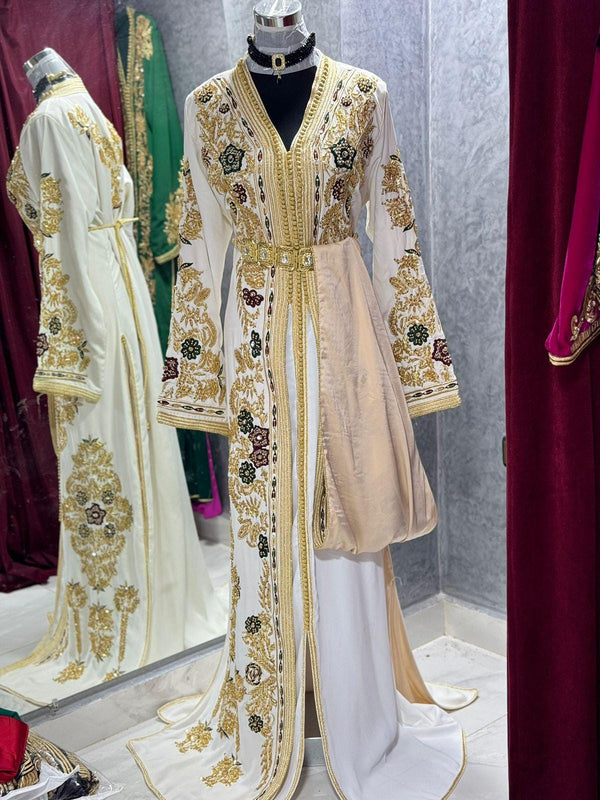 Royal White Wedding Dress Fully Handmade, Moroccan Takchita Dress, Elegant Embroidered White Caftan, Luxury Wedding Dress for Women, Henna