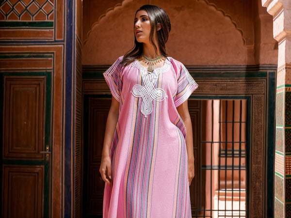 Pink Moroccan Kaftan Dress with White Embroidery