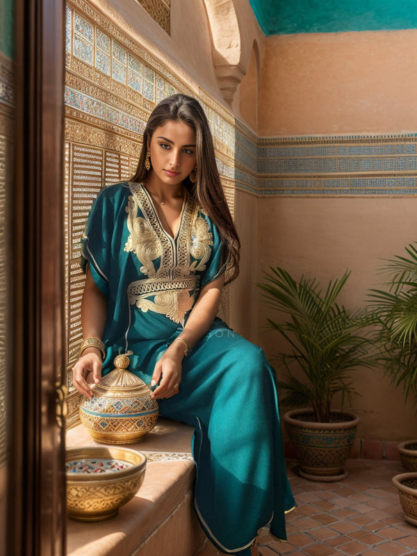 Green and Gold Moroccan Kaftan Dress - Elegant Resort or Relaxed Evening Wear