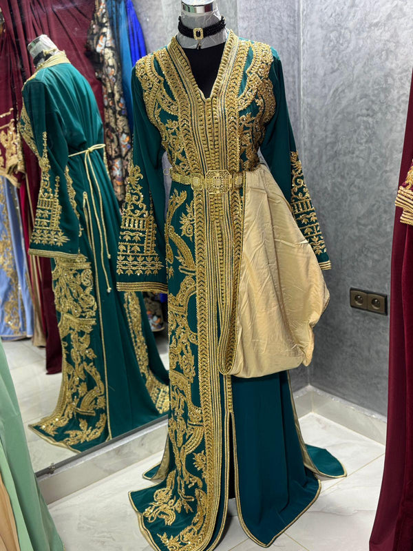 Green Moroccan Caftan Dress, Caftan for Women, Islamic Wedding, Moroccan Takchita Handmade Standard Size, Wedding Dress, Henna Nikah Dress