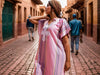 Pink Moroccan Kaftan Dress with White Embroidery