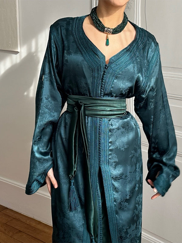 Royal Emerald Moroccan Kaftan – Handmade Satin Jacquard Wedding Dress