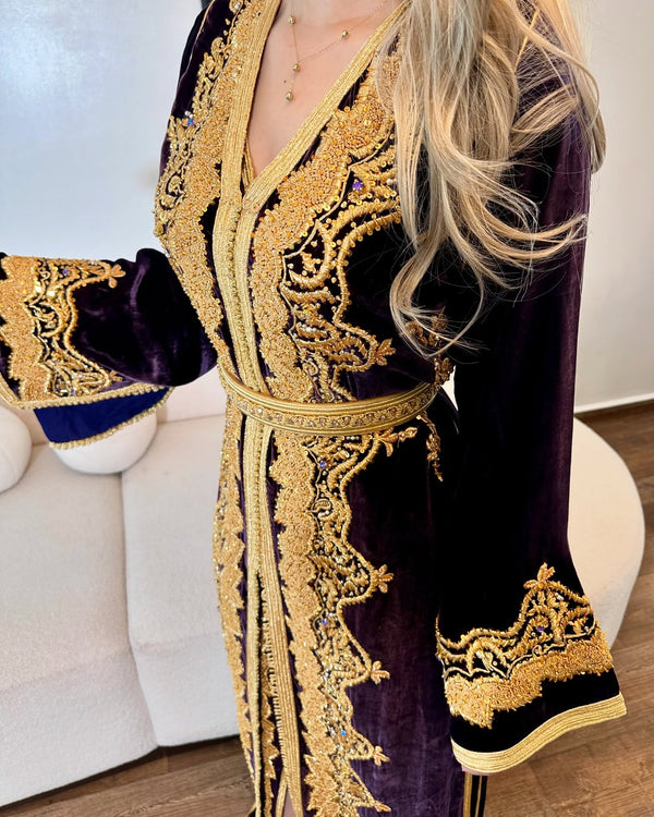 Royal Purple Velvet Moroccan Wedding Dress | Hand-Embroidered Gold Caftan