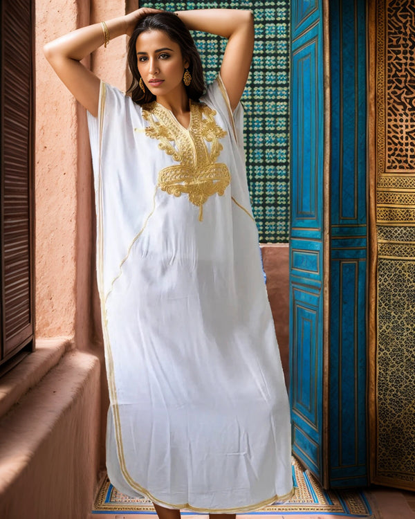 White Moroccan Caftan Maxi Dress for Women – Elegant Handmade Long Kaftan